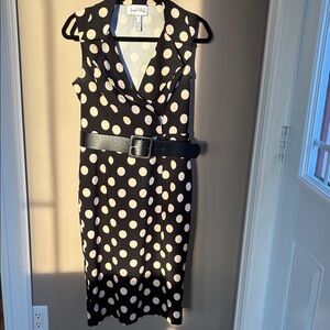 Joseph Ribkoff Black and White Polka Dot Midi Dress with Belt